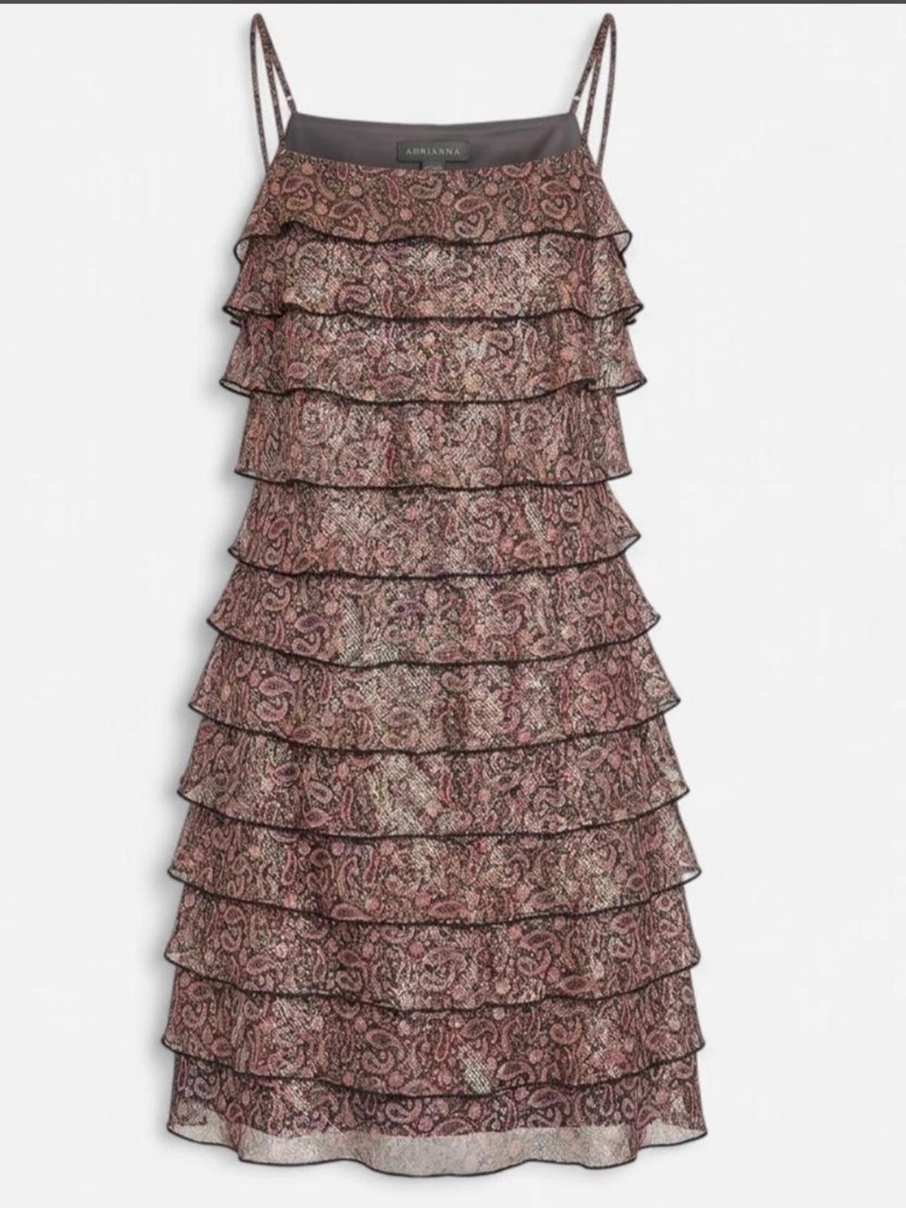 Vintage Adrianna Silk Metallic Gold Paisley Ruffle Dress 8